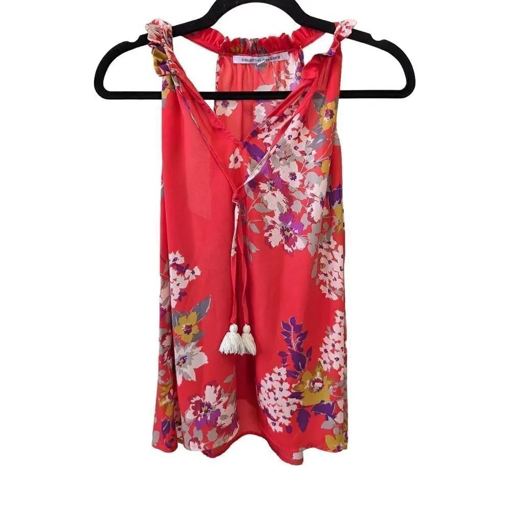 Collective Concepts Ruffled Neck Sleeveless V Neck Floral Shirt Women's Size Med